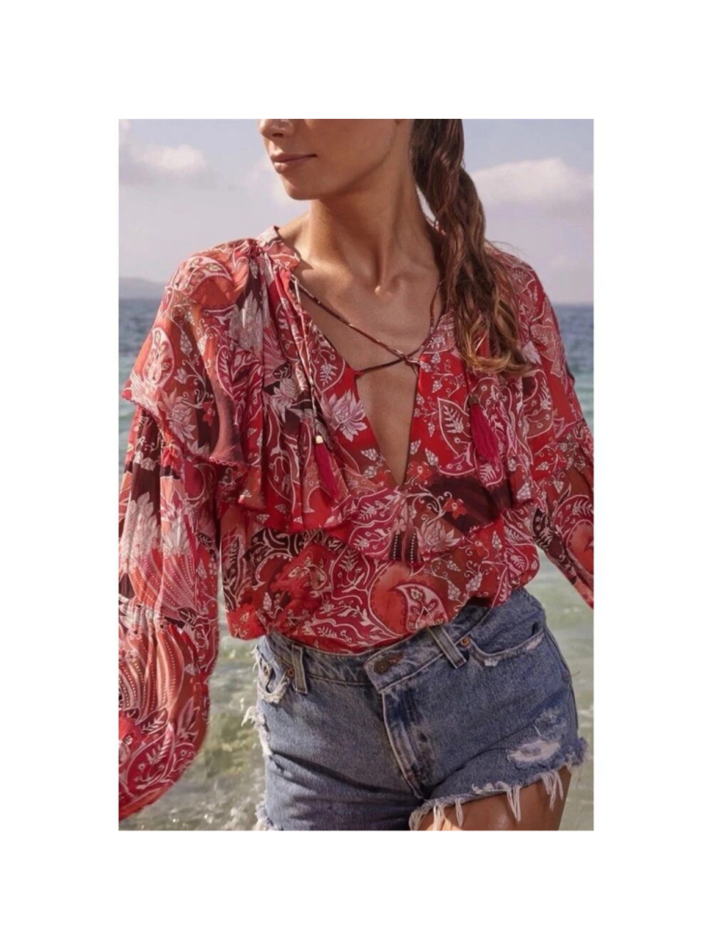 Chufy Ancient Burma Oversized Moe Floral Boho Ruffle Blouse Tunic Top XS